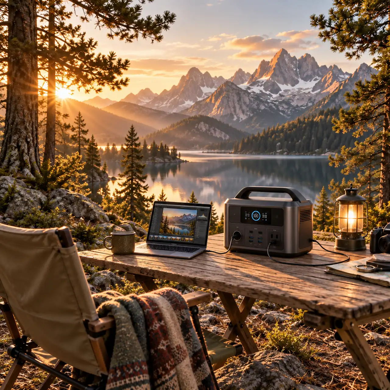 Mesa de camping con un portátil cerrado frente a un lago entre montañas
